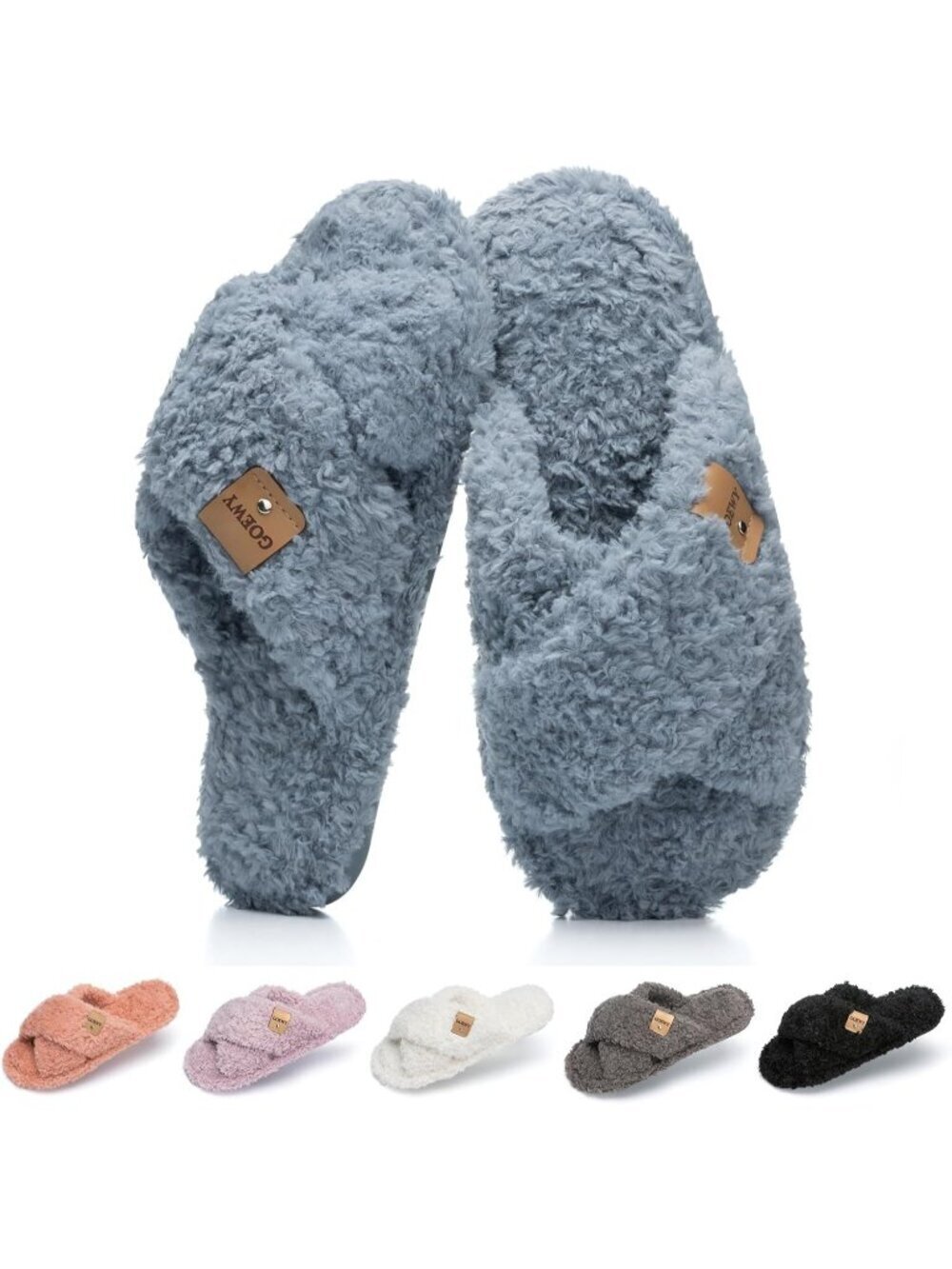 Women's Blue Cozy Cross Band Indoor and Outdoor Fuzzy Open Toe Slipper Shoes